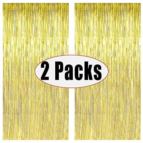 Product Cover FECEDY 2pcs 3ft x 8.3ft Gold Metallic Tinsel Foil Fringe Curtains Photo Booth Props for Birthday Wedding Engagement Bridal Shower Baby Shower Bachelorette Holiday Celebration Party Decorations