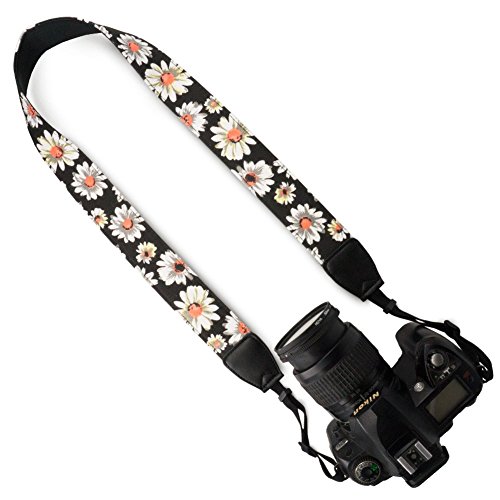 Product Cover Wolven Pattern Canvas Camera Neck Shoulder Strap Belt Compatible for All DSLR/SLR/Men/Women etc, Black White Flower Floral
