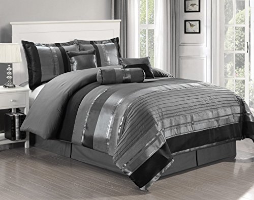 Product Cover 7 Piece Oversize Grey / Black silver stripe Chenille Comforter set 106