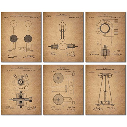Product Cover Tesla Patent Wall Art Prints - Set of 6 Vintage (8 inches x 10 inches) Photos
