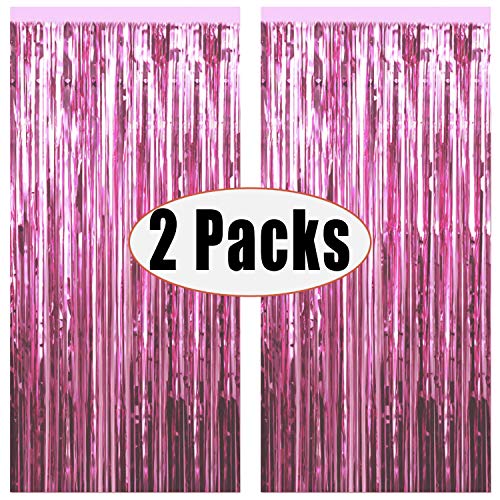 Product Cover FECEDY 2pcs 3ft x 8.3ft Light Pink Metallic Tinsel Foil Fringe Curtains Photo Booth Props for Birthday Wedding Engagement Bridal Shower Baby Shower Bachelorette Holiday Celebration Party Decorations