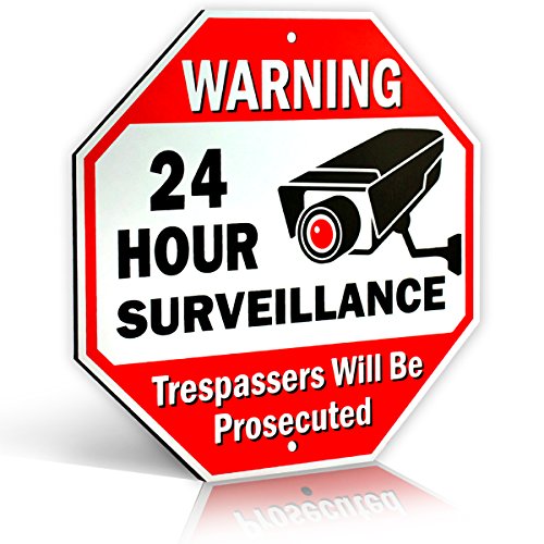 Product Cover Large Warning 24 Hour Surveillance No Trespassing Metal Sign | with | for Home Business Video Security CCTV Camera | 12