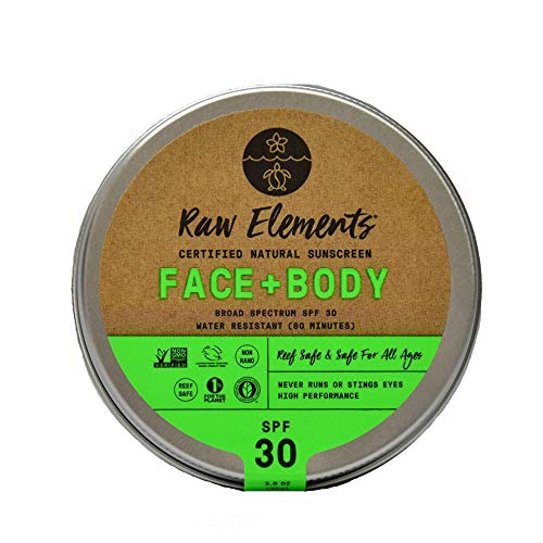 Product Cover Raw Elements Face and Body Certified Natural Sunscreen | Non-Nano Zinc Oxide, 95% Organic, Water Resistant, Reef Safe, Cruelty Free, SPF 30+, All Ages Safe, Moisturizing, Reusable Tin, 3oz