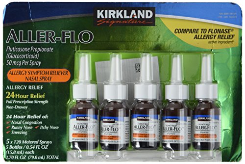 Product Cover Kirkland Aller-Flo Fluticasone Propionate (Glucorticoid) 5 Bottles x 120 Metered Sprays .54 Fl OZ per Bottle (15.84 mL x 5) 2.70 OZ Total (79.0 mL Total) 600 Total Sprays Total