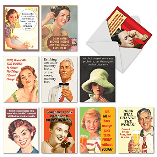 Product Cover Assortment of 10 'Retro Toasts' Greeting Cards with Envelopes - Funny Note Cards 4 x 5.12 inch Featuring Vintage Images with Funny Drinking Phrases M6619OCB