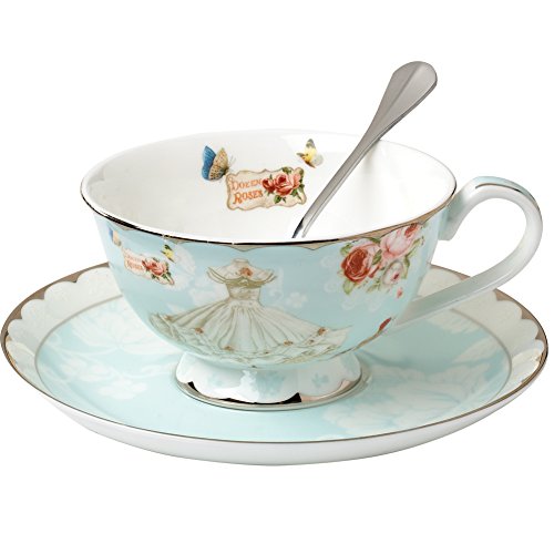 Product Cover AWHOME Teacup and Saucer and Spoon Sets Vintage Royal Bone China Tea Cups Rose Flower Blue Boxed Set 7-Oz