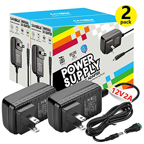Product Cover 12V DC Power Supply, SANSUN 12 Volt Power Supply for LED Strip Lights, AC120V to DC12V Transformers, 2A 24W Adaptor (Pack of 2)