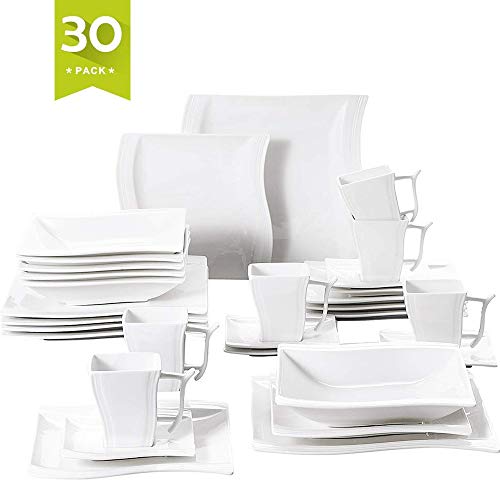 Product Cover Malacasa 30 Pieces Dinnerware Set Square Dishes White; Includes 6 Dinner Plates 6 Soup Plates 6 Dessert Plates, 6 Mugs and 6 Saucers, Service for 6 Series Flora