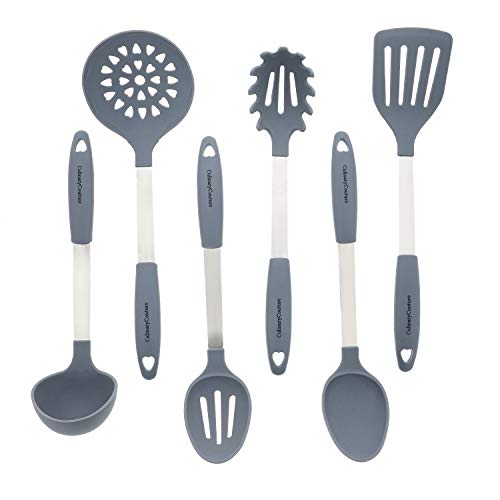 Product Cover Grey Kitchen Utensil Set - Stainless Steel & Silicone Heat Resistant Cooking Tools - Spatula, Ladle, Mixing & Slotted Spoon, Pasta Fork Server, Drainer - Bonus Ebook!