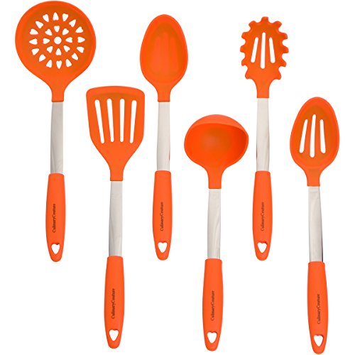 Product Cover Orange Kitchen Utensil Set - Stainless Steel & Silicone Heat Resistant Professional Cooking Tools - Spatula, Mixing & Slotted Spoon, Ladle, Pasta Fork Server, Drainer - Bonus Ebook!