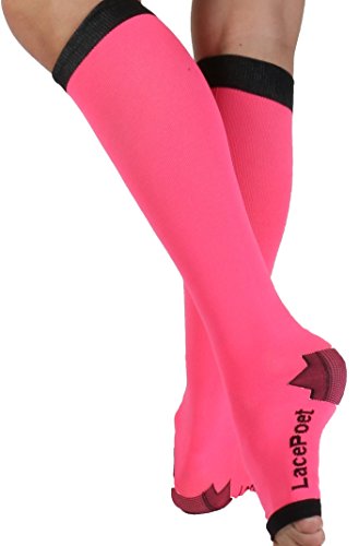 Product Cover Lace Poet Knee-High Yoga/Sleep Compression Toeless Socks Neon Pink/Black