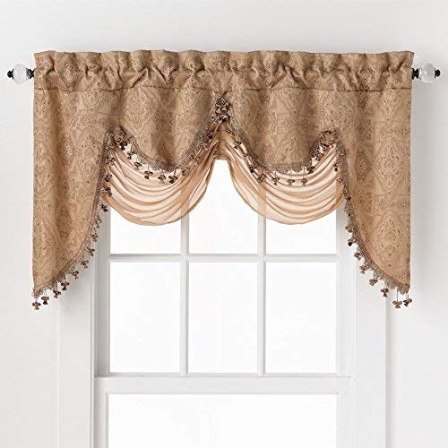 Product Cover GoodGram Ultra Elegant Clipped Jacquard Georgette Fringed Window Valance with an Attached Sheer Swag Assorted Colors (Gold)