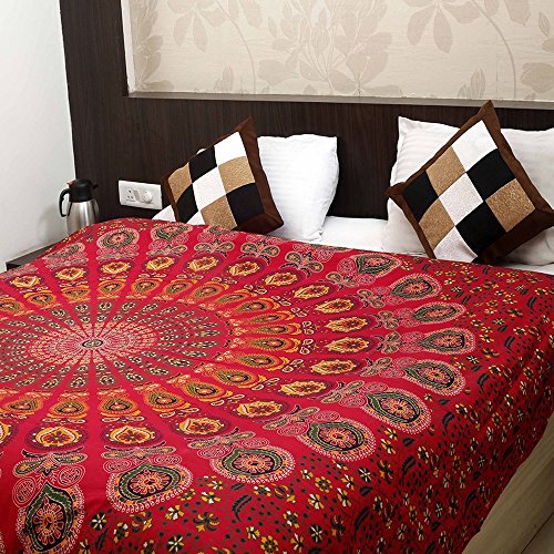 Product Cover Bless International Indian Hippie Bohemian Psychedelic Peacock Mandala Wall Hanging Bedding Tapestry (Golden Red, Queen(84x90Inches)(215x230Cms))