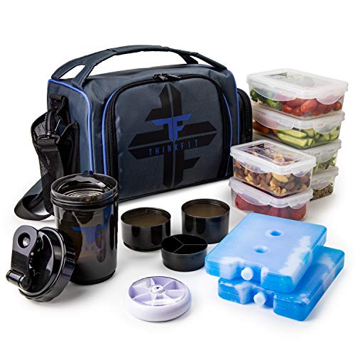 Product Cover ThinkFit Insulated Meal Prep Lunch Box with 6 Food Portion Control Containers - BPA-Free, Reusable, Microwavable, Freezer Safe - With Shaker Cup, Pill Organizer, Shoulder Strap & Storage Pocket (Blue)