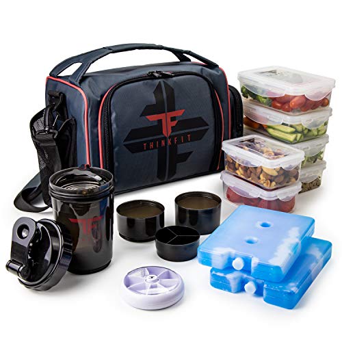 Product Cover ThinkFit Insulated Meal Prep Lunch Box with 6 Food Portion Control Containers - BPA-Free, Reusable, Microwavable, Freezer Safe - With Shaker Cup, Pill Organizer, Shoulder Strap & Storage Pocket (Red)