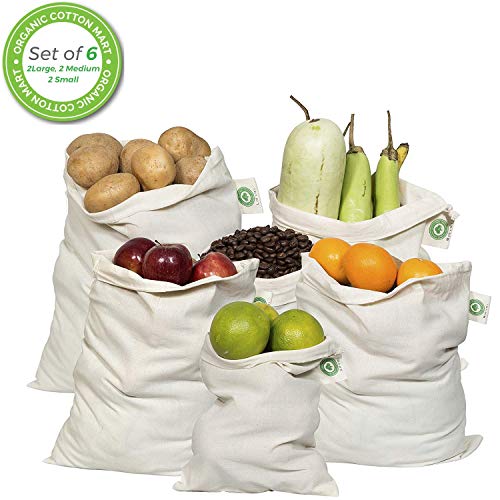 Product Cover Reusable Produce Bags Cotton Washable - Organic Cotton Vegetable Bags - Cloth Bag with Drawstring - Muslin Cotton Fabric Produce Bags - Bread Bag - Set of 6 (2 Large, 2 Medium, 2 Small)