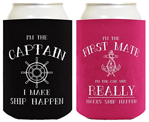Product Cover Sailing Gifts Captain First Mate Ship Happen Bundle Nautical Gifts 2 Pack Can Coolie Drink Coolers Coolies Black Magenta