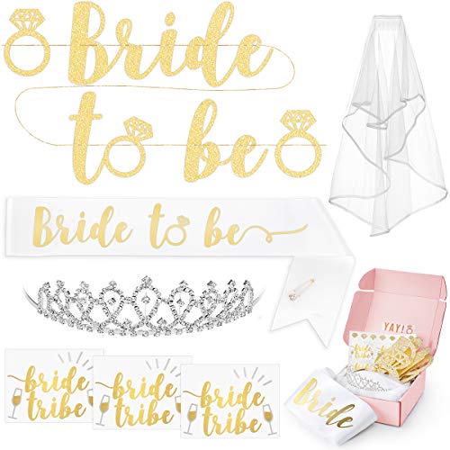Product Cover xo, Fetti Bachelorette Party Bride To Be Decorations Kit - Bridal Shower Decorations | Sash For Bride, Rhinestone Tiara, Gold Glitter Banner, Veil + Bride Tribe Tattoos
