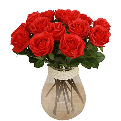 Product Cover Bringsine Artificial Flowers, Real Touch Pu Flowers Silk Artificial Rose Flowers Home Decorations for Bridal Wedding Bouquet, Birthday Flowers Bunch Hotel Party Garden Floral Decor Red