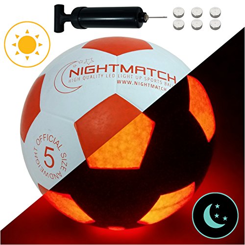 Product Cover NIGHTMATCH Light Up Soccer Ball INCL. Ball Pump and Spare Batteries - White Edition - Inside LED Lights up When Kicked - Glow in The Dark Soccer Ball - Size 5 - Official Size & Weight - White/Orange