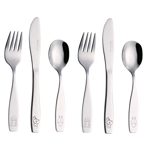 Product Cover Exzact Children's Flatware 6 Pieces Set - Stainless Steel Cutlery/Silverware 2 x Forks, 2 x Dinnerknife, 2 x Dinner Spoons - Safe Kids Toddler Utensils Lunch Box (Engraved Dog Cat Bunny) (WF850-S6)