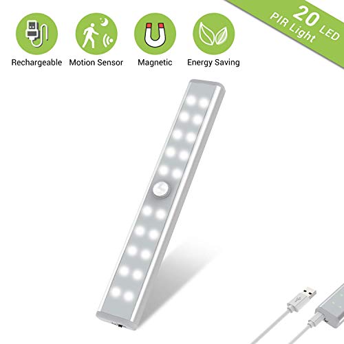 Product Cover Wardrobe Light, OxyLED Motion Sensor Closet Lights, 20 LED Under Cabinet Lights, USB Rechargeable Stick-on Stairs Step Light Bar, LED Night Light, Gun Safe Light with Magnetic Strip, 1-pack, T-02U