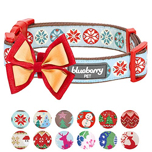 Product Cover Blueberry Pet 4 Patterns Christmas Moments of Joy Vintage Snowflakes Designer Adjustable Bowtie Dog Collar, Small, Neck 12