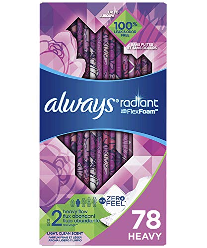 Product Cover Always Radiant Feminine Pads for Women, Size 2, 78 Count, Heavy Flow Absorbency, with Flexfoam Wings, Light Clean Scent, 26 Count, Pack of 3 - 78  Count Total)