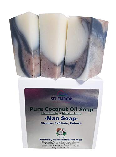 Product Cover Pure Coconut Oil Soap for Men (10.5 oz) - Cleanse, Exfoliate, Refresh. Handmade, Vegan, Moisturizing, Activated Charcoal, Pumice and Alkanet Root