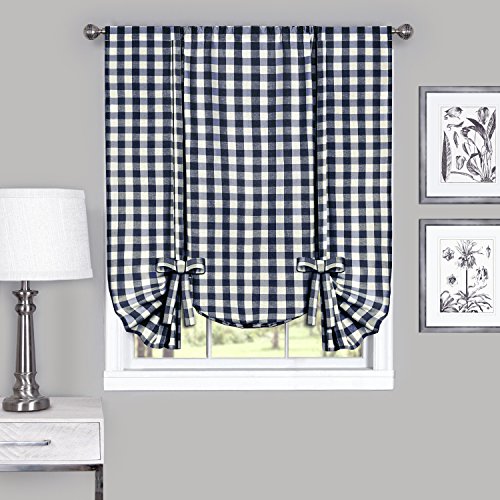 Product Cover Achim Home Furnishings, Navy & Ivory Buffalo Check Window Curtain Tie Up Shade, 42
