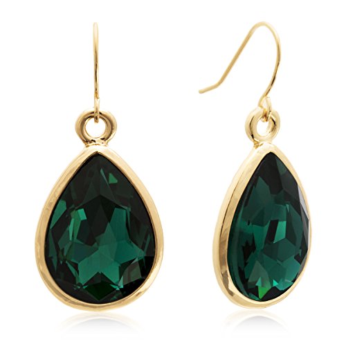 Product Cover Green Crystal Pear Shape Dangle Earrings In Yellow Gold Tone