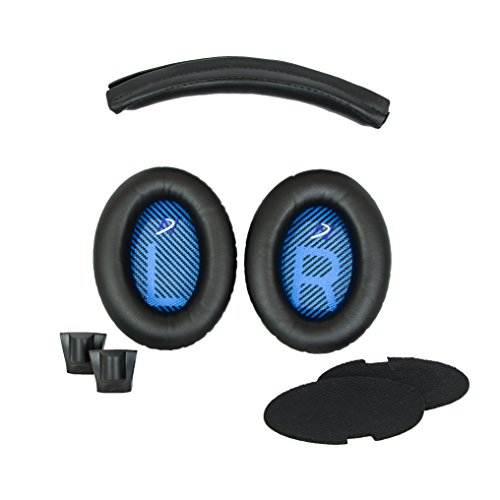 Product Cover Accessory House Replacement Ear Pads And Headband Cushion Pad For Bose Quiet Comfort 2 (Qc2) And Quiet Comfort 15 With Original Style Qc2/15 Black Scrims And Brand New Ahg Blue/Black Scrims With L And R Lettering