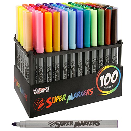 Product Cover Super Markers Set with 100 Unique Marker Colors - Universal Bullet Point Tips for Fine and Bullet Lines - Bold Vibrant Colors - Includes a Marker Storage Rack - 100% Satisfaction Guarantee