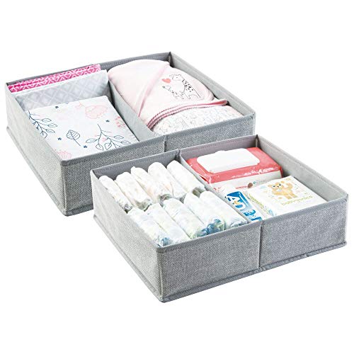 Product Cover mDesign Soft Fabric Dresser Drawer and Closet Storage Organizer Bin for Child/Kids Room, Nursery, Playroom - Divided 2 Section Tray - Textured Print, 2 Pack - Gray