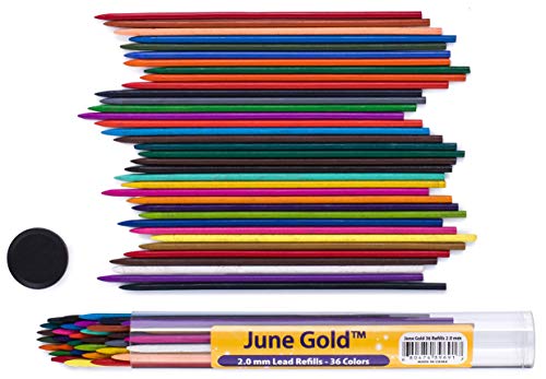 Product Cover June Gold 36 Assorted Colored 2.0 mm Lead Refills, Bold & 90 mm Tall, 36 Unique Colors, Pre-Sharpened, Break & Smudge Resistant