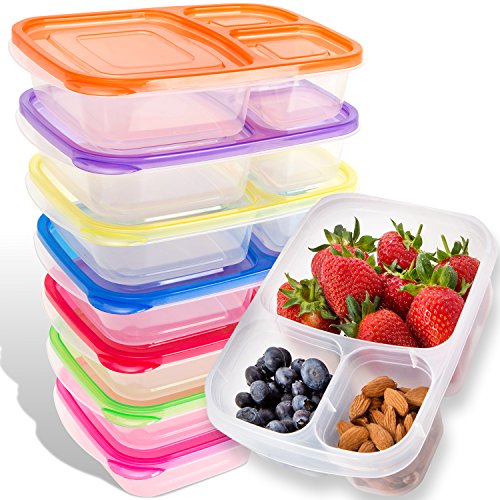 Product Cover Bento Lunch Box | Meal Prep Containers | 7 Pack | Leak Proof | Reusable 3-Compartment Plastic Divided Food Storage Container Boxes for Kids & Adults | Microwave, Dishwasher and Freezer Safe Lucentee