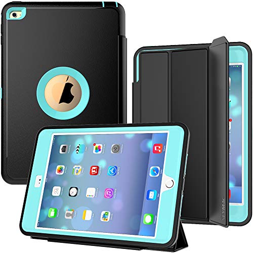 Product Cover iPad Mini 4 Case, SEYMAC Three Layer Drop Protection Rugged Protective Heavy Duty iPad Mini Stand Case with Magnetic Smart Auto Wake/Sleep Cover for iPad Mini 4th Generation (Black/Light Blue)
