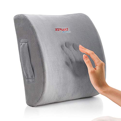 Product Cover Lumbar Pillow Back Pain Support - Seat Cushion For Car or Office Chair | Memory Foam, Lower Back Pain Relief, Improve Your Posture, Protect & Soothe Your Back| Adjustable Extender Strap, Velvet Grey