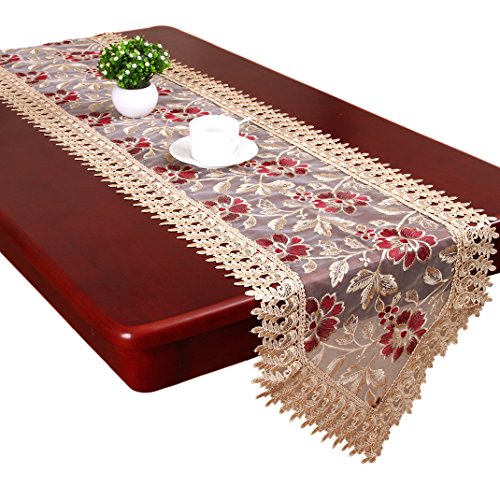 Product Cover Grelucgo Beige Burgundy Lace Table Runners and Dresser Scarves (16 x 72 inch)