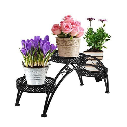 Product Cover Dazone Wrought Iron Pot Plant Stand for Three Plants Indoor or Outdoor Garden Patio Decor Arch Design Black