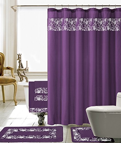 Product Cover BH Home & Linen 18 Piece Floral Embroidery Banded Bath Set 1 Large Bat Mat 1 Contour Mat 12 Pc Metal Roller Ball Shower Hooks 3 Pc Embroidered Towel Set (Purple)