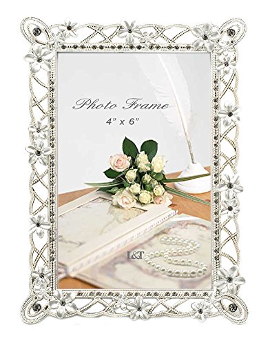 Product Cover L&T Metal Picture Frame Silver Plated with Pearly White Flowers and Crystals, for 4 x 6 Inch Photo