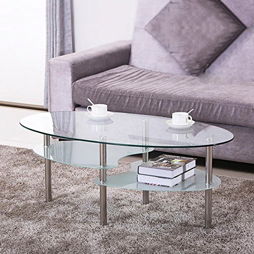 Product Cover Yaheetech Round Oval Glass Top Coffee Table Center Table Sofa Side Cocktail Tables for Living Room Stainless Steel Legs Clear