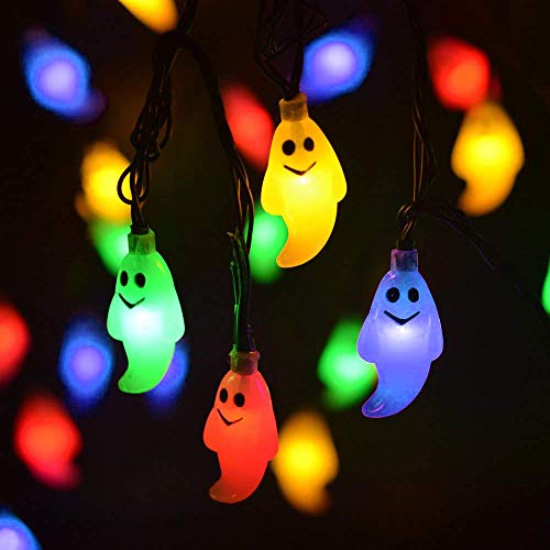 Product Cover LEVIITEC Solar Halloween Decorations String Lights, 30 LED Waterproof Cute Ghost LED Holiday Lights for Outdoor Decor, 8 Modes Steady/Flickering Lights [Light Sensor] 19.7ft Multicolor