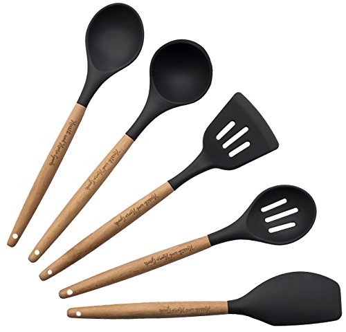 Product Cover Cooking Utensils - 5-Piece Kitchen Tools Set - Dark Gray Silicone & Beech Wood Handle, Includes Slotted & Solid Spoons, Spatula, Turner & Ladle for Serving & Baking by Hearth and Home Goods