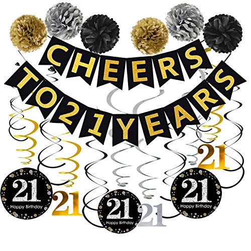 Product Cover Famoby 21th Birthday Party Decorations KIT - Cheers to 21 Years Banner, Sparkling Celebration 21 Hanging Swirls, Poms, Perfect 21 Years Old Party Supplies