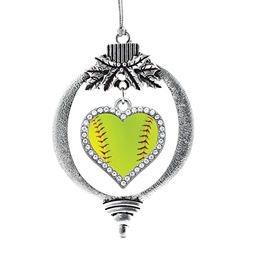 Product Cover Inspired Silver - Softball Charm Ornament - Silver Open Heart Charm Holiday Ornaments with Cubic Zirconia Jewelry