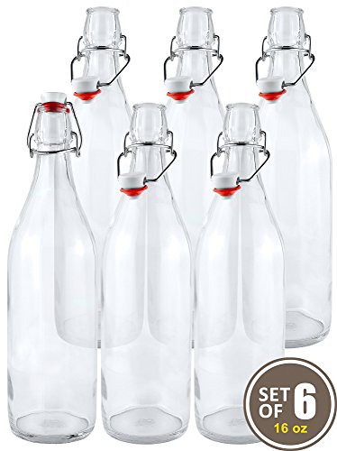 Product Cover Estilo Swing Top Easy Cap Clear Glass Beer Bottles, Round, 16 oz, Set of 6