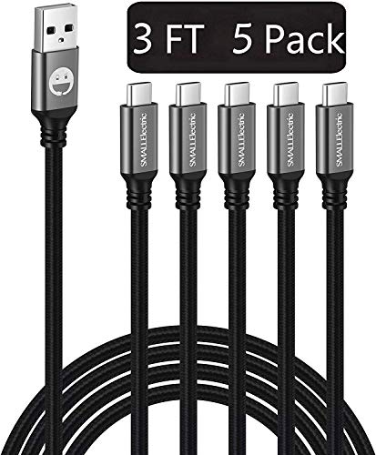 Product Cover USB Type C Cable 5-Pack 3FT,SMALLElectric Nylon Braided USB Type A to C Fast Charger Cords for Samsung Galaxy Note 9 8,S8 S9 S10 Plus S10e,Google Pixel,Nintendo Switch,Nexus,LG V30 V20 G6 5,(Black)