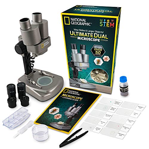 Product Cover NATIONAL GEOGRAPHIC Dual LED Student Microscope - 50+ pc Science Kit Includes Set of 10 Prepared Biological & 10 Blank Slides, Lab Shrimp Experiment, 10x-25x Optical Glass Lenses and More! (Silver)